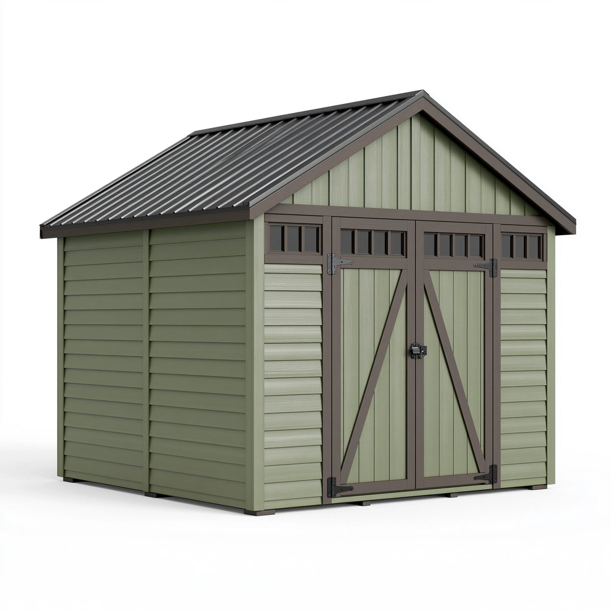 Gartengerätehaus 240 x 180 x 220 cm Kunststoff Grün/Braun mit Doppeltür und Satteldach