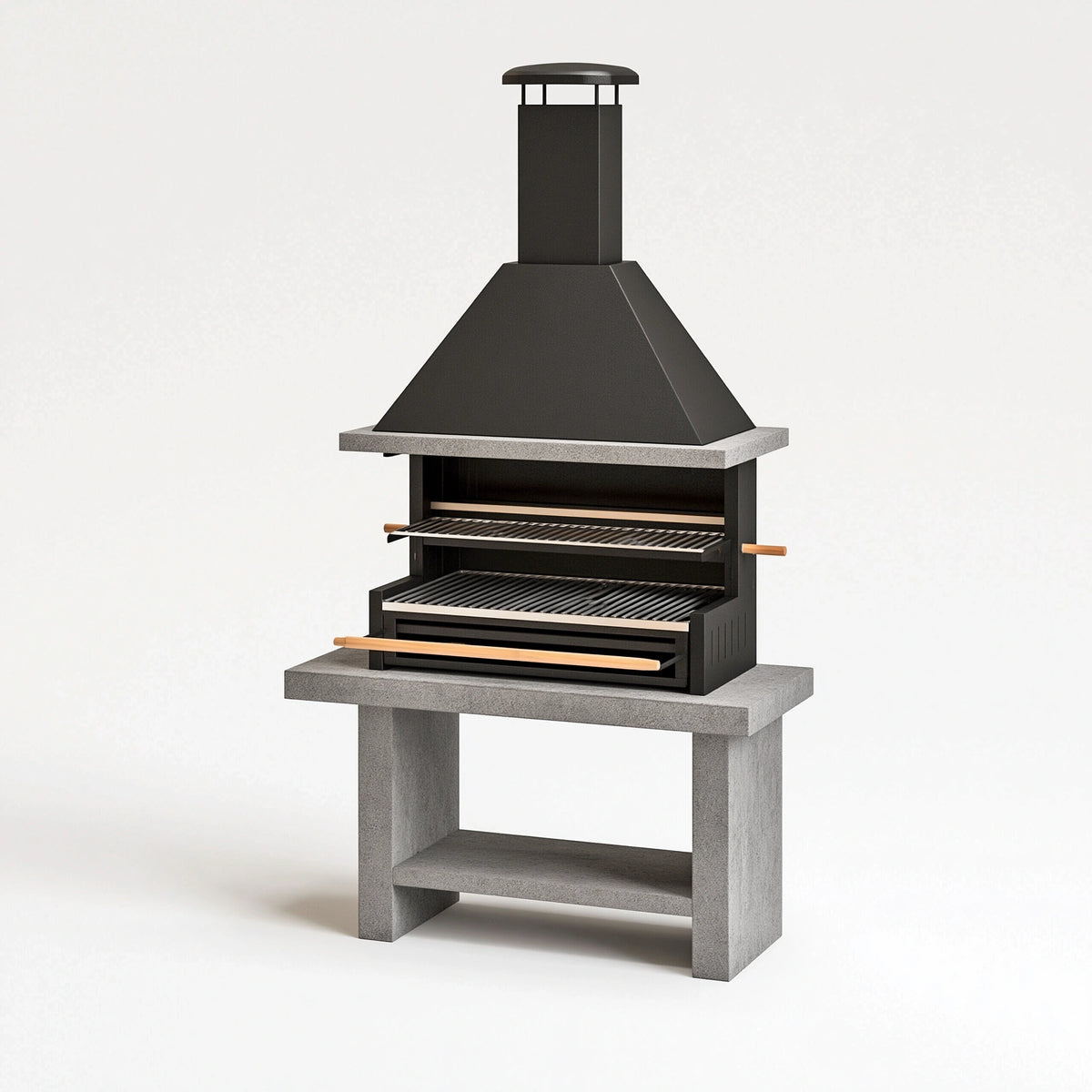 Garten-Grillkamin 120 x 70 x 220 cm aus Stahl und Beton Schwarz Grau mit Doppelgrillrost
