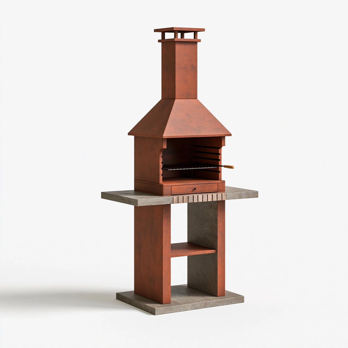 Gartenkamin 100 x 70 x 220 cm aus Metall und Beton rotbraun grau mit Grillrost im rustikalen Stil
