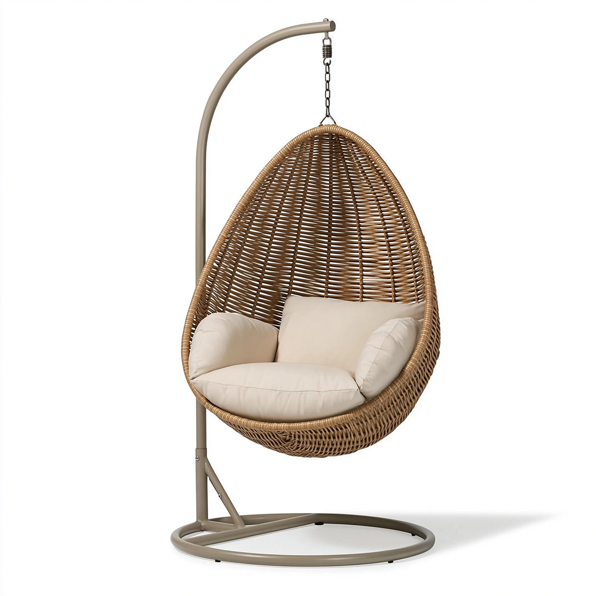 Hängesessel 105 x 100 x 195 cm aus Geflecht und Metall in Naturbeige - Boho Schaukelstuhl mit Gestell