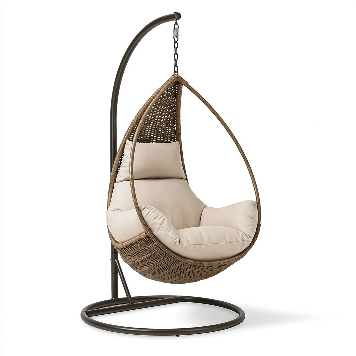 Hängesessel 105 x 105 x 195 cm aus Polyrattan in Beige Braun mit Metallgestell für den Innenbereich
