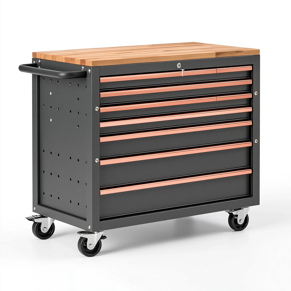 Werkzeugwagen 85 x 46 x 98 cm Stahl Holz Schwarz/Kupferfarben mit 7 Schubladen und Rollen